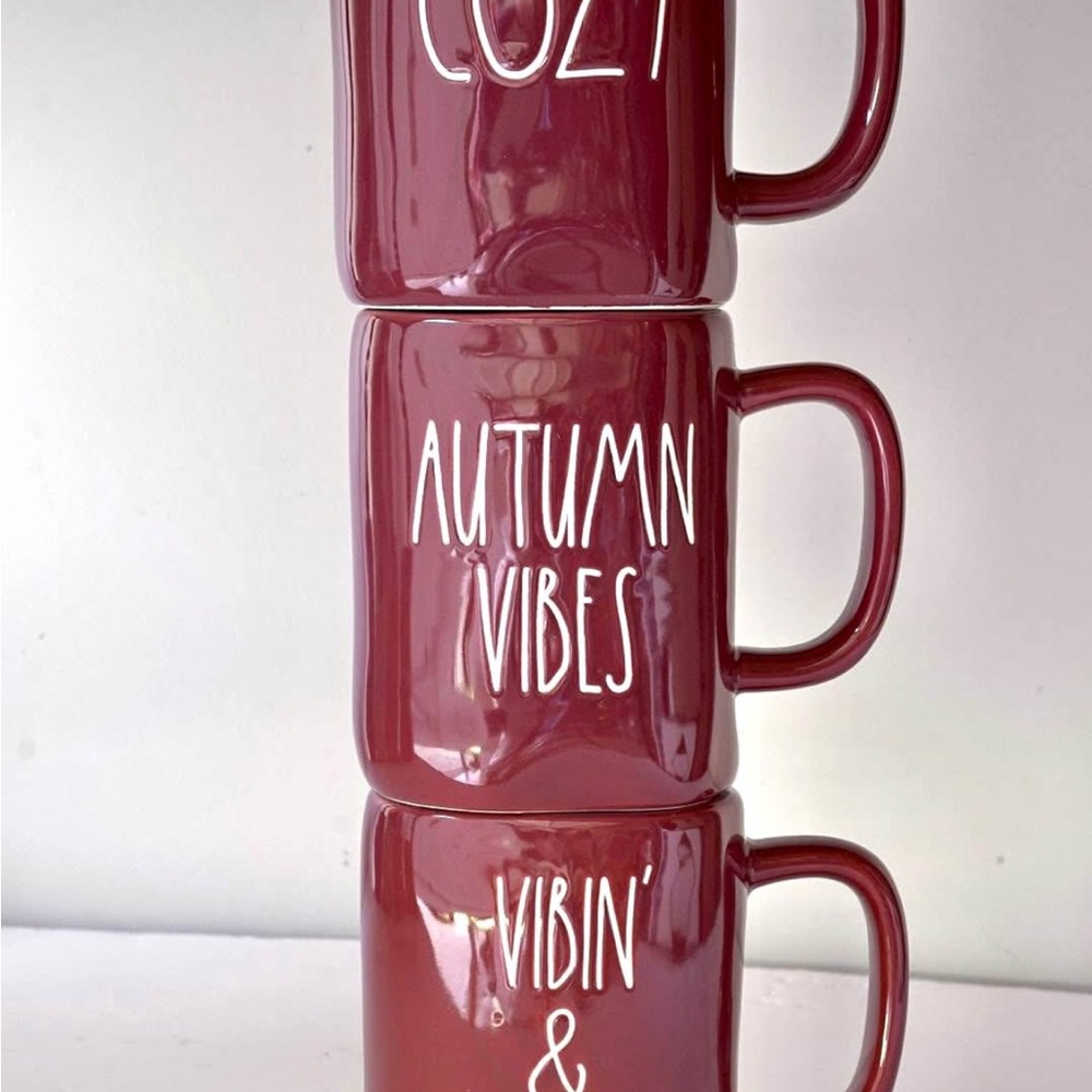 Rae Dunn Mug Trio — AUTUMN VIBES, CHILLIN, VIBIN & THRIVIN (Maroon)